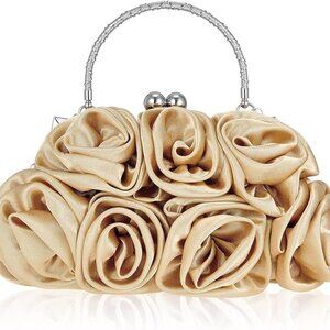 Women's Satin Champagne Floral Roses Elegant Unique Eye Catching Clutch Handbag